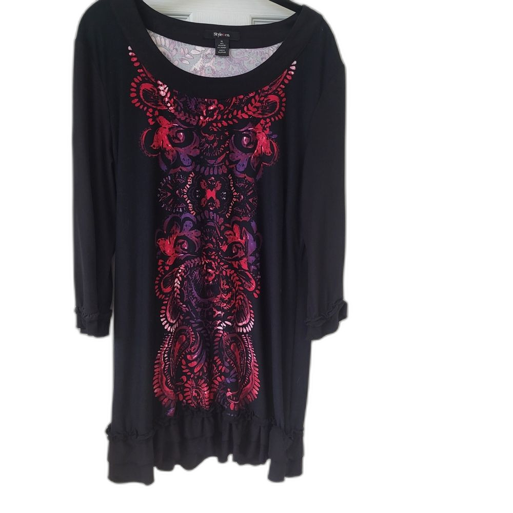 Style & Co. Witchy Black Dress with Red and Purple Design - XL